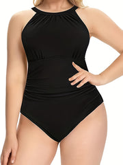 Sexy Swimsuit Solid Ruched Cut Out Back One Piece Bathing Suit