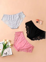 Floral Jacquard Lace Trim Panties Set Plus Size 3-Pack Women's Medium