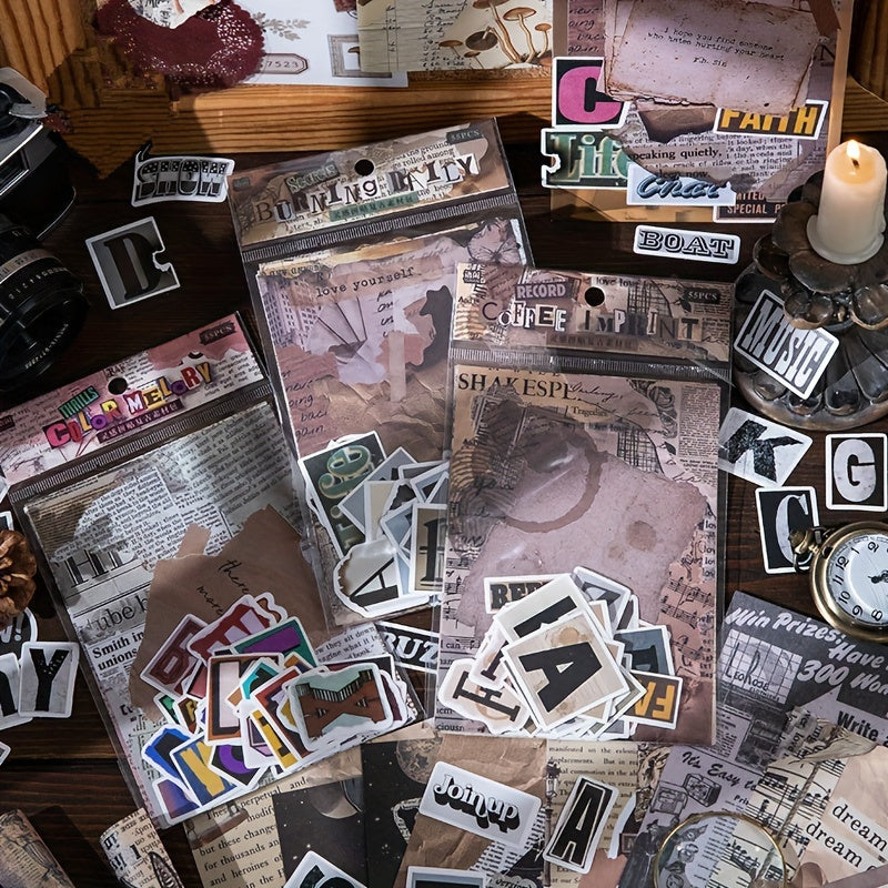 English Characters Burned DIY Material Package Stickers and Papers
