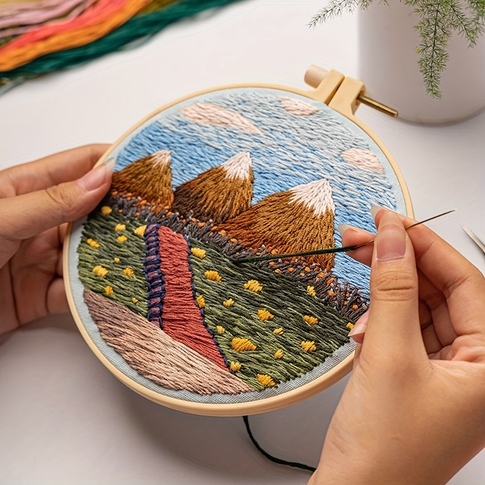 Mountain River Tree Embroidery Kit 3pcs Set with 20.07cm Hoop