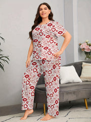 Heart & Letter Print Pajama Set Short Sleeve Top & Pants