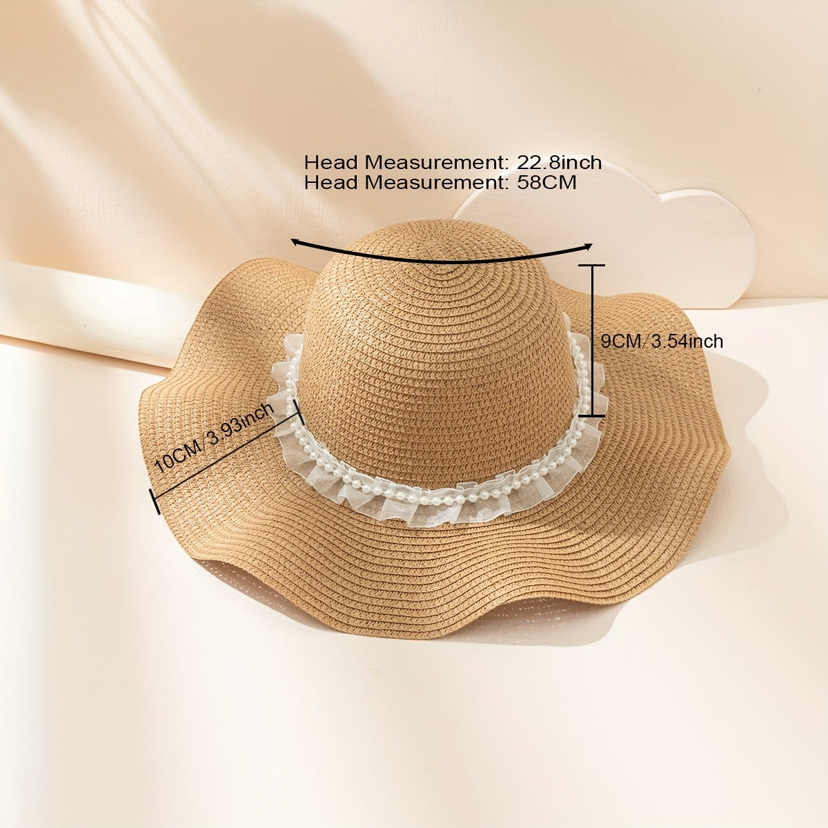 Khaki Sun Hat with Faux Pearl Decor for Women