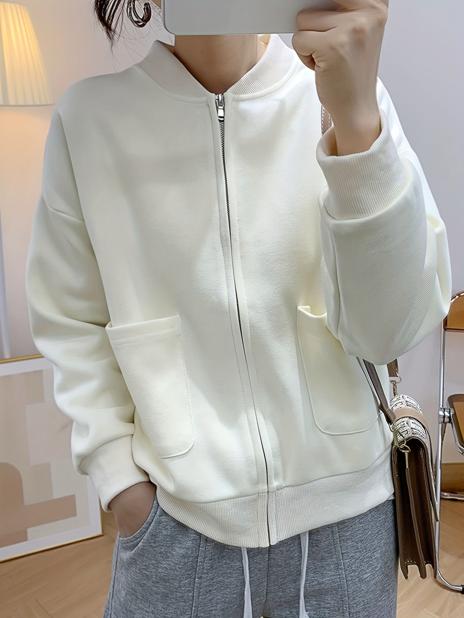 Baseball Neck Solid Jacket Casual Zipper Long Sleeve Outerwear