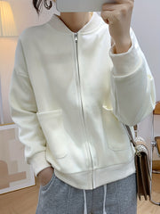 Baseball Neck Solid Jacket Casual Zipper Long Sleeve Outerwear