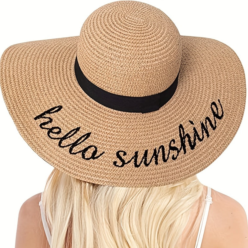 Hellow Sunshine Embroidery Sun Hat Wide Brim Sunscreen Straw Hat
