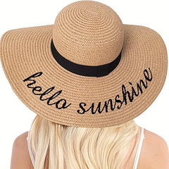 Hellow Sunshine Embroidery Sun Hat Wide Brim Sunscreen Straw Hat