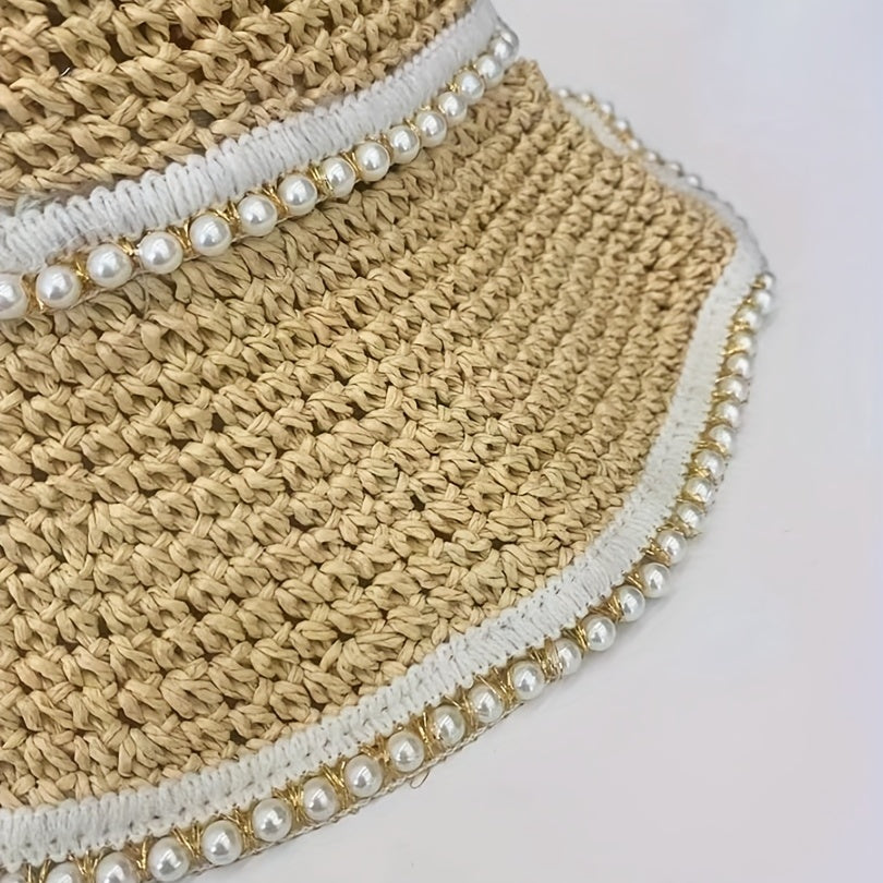 Crochet Bucket Hat with Faux Pearl Decor Sun Hat
