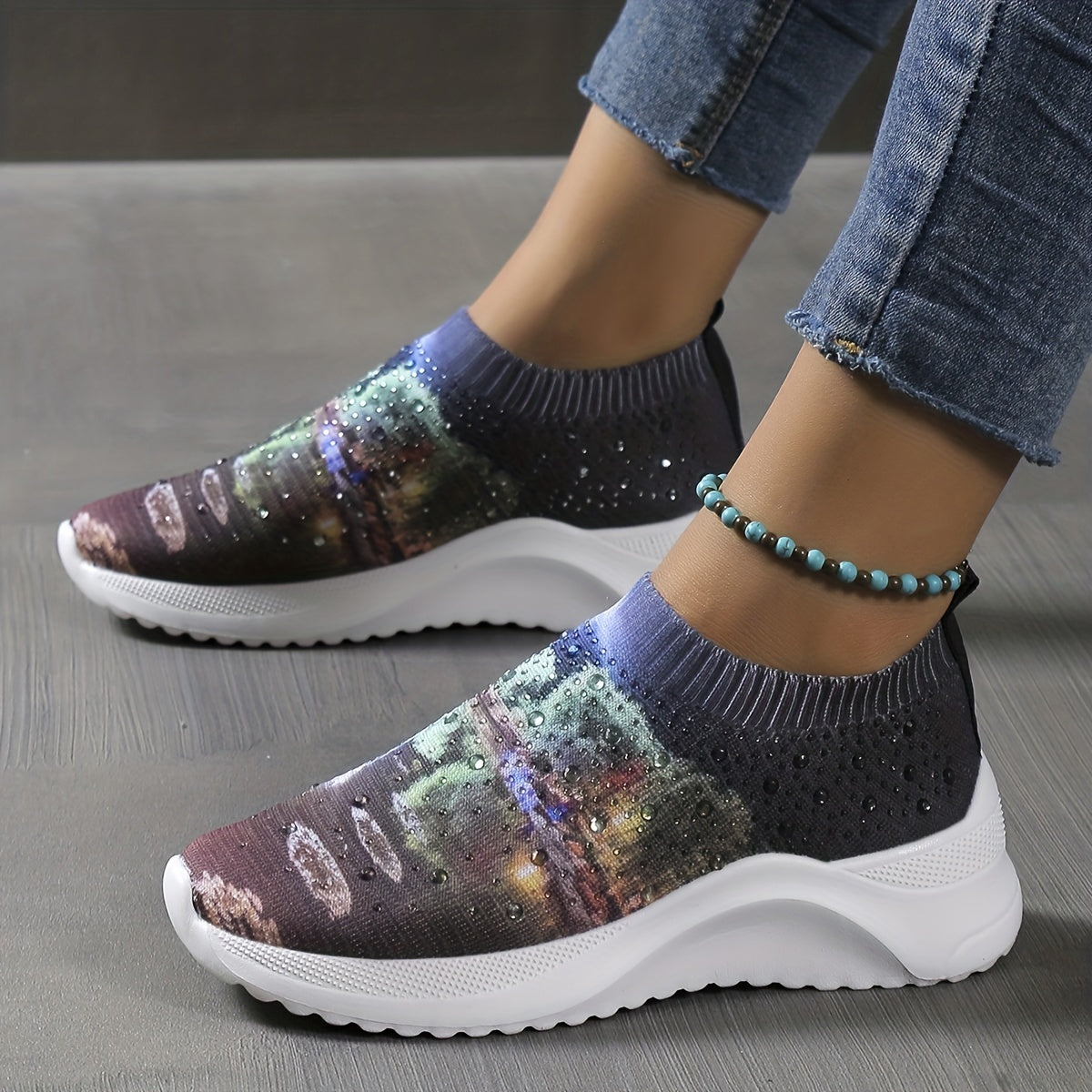 Rhinestone Sock Sneakers Art Printed Slip On Shoes Casual Walking Shoes