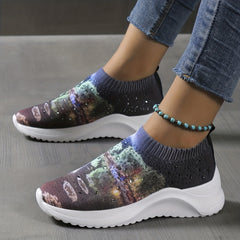 Rhinestone Sock Sneakers Art Printed Slip On Shoes Casual Walking Shoes