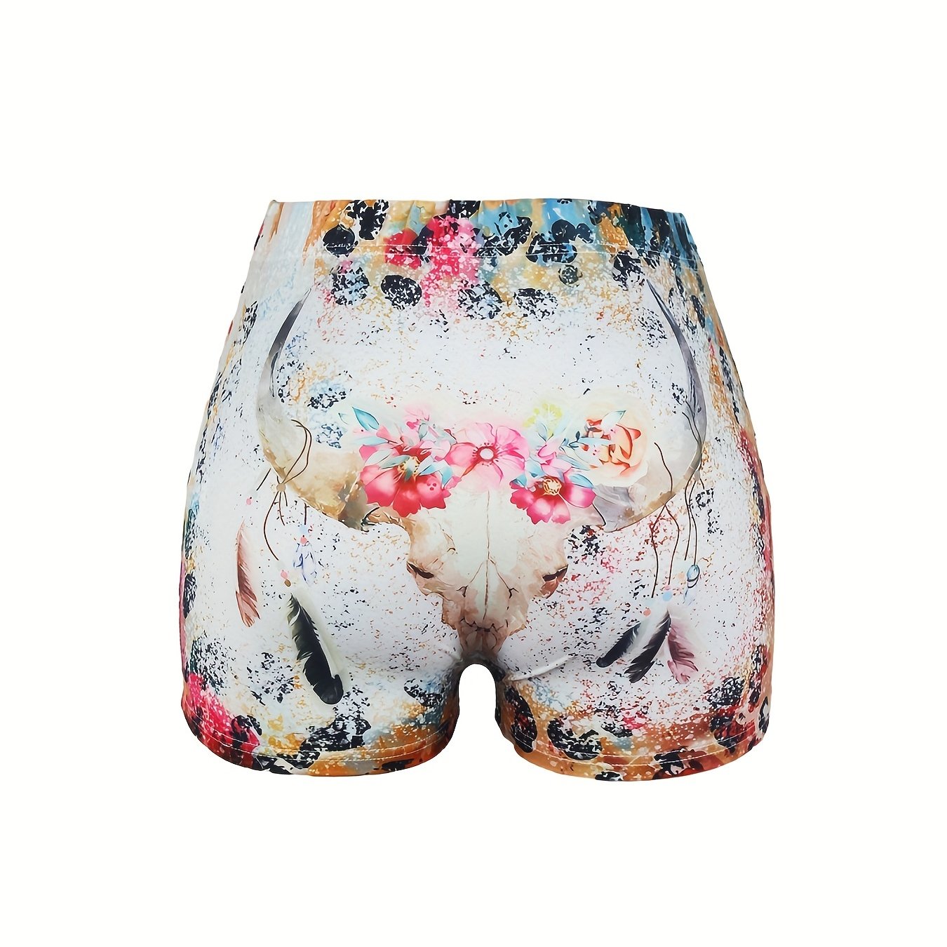 Flower & Cow Skull Print Skinny Shorts Elastic Waist Summer Clothing
