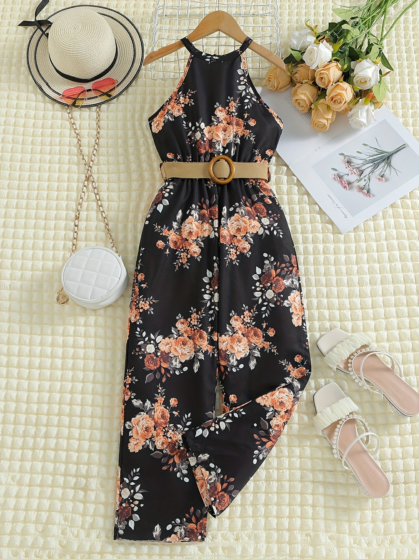 Girls Sleeveless Flowers Halter Neck Rompers Jumpsuits for Beach Vacation