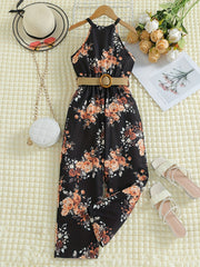 Girls Sleeveless Flowers Halter Neck Rompers Jumpsuits for Beach Vacation