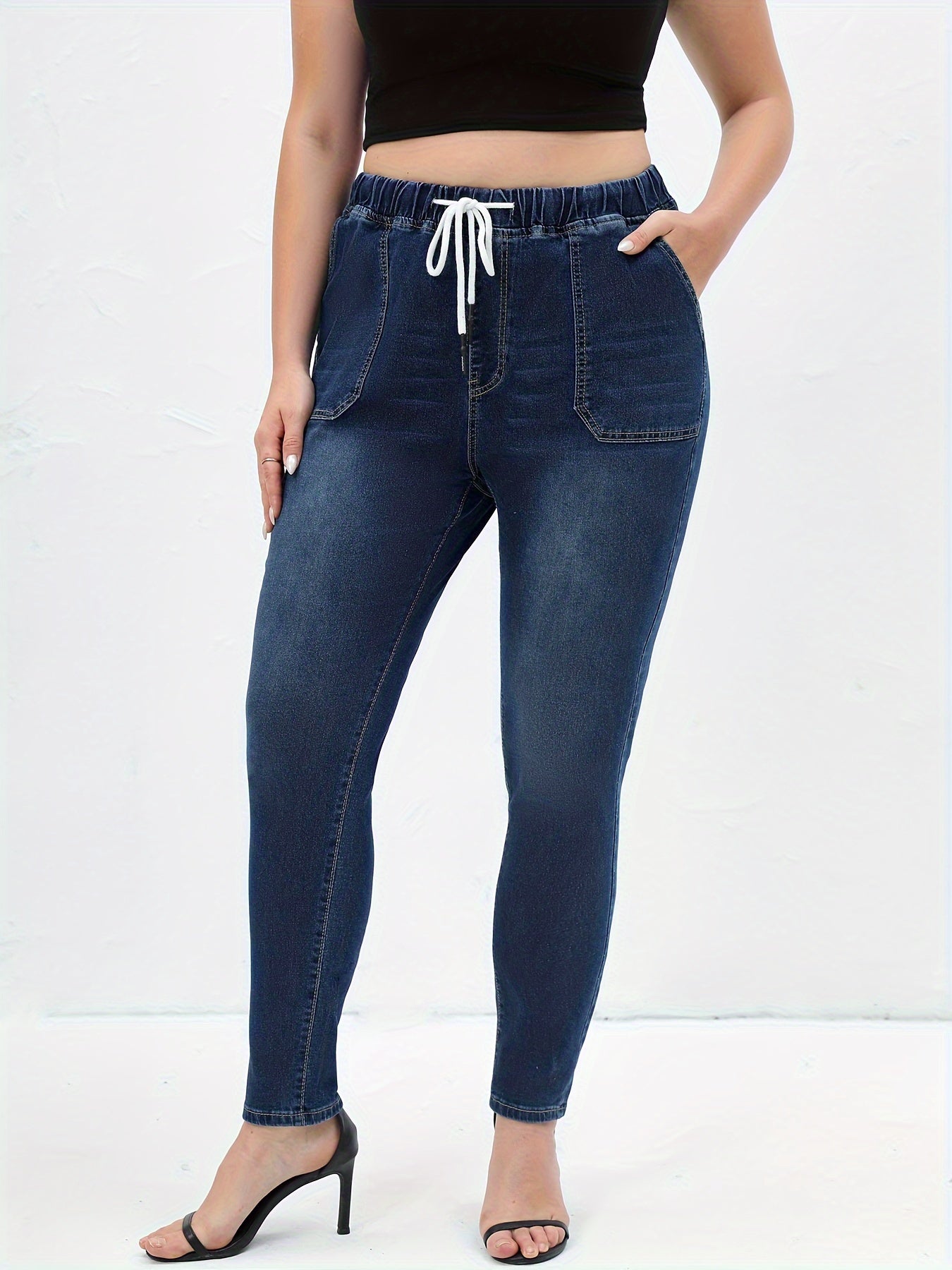 Washed Elastic Drawstring High Stretch Jeans