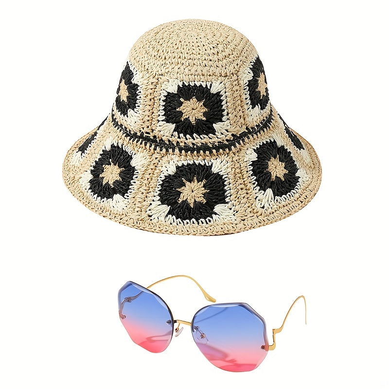 2pc Straw Hat Sunglasses Set for Women Sun Beach