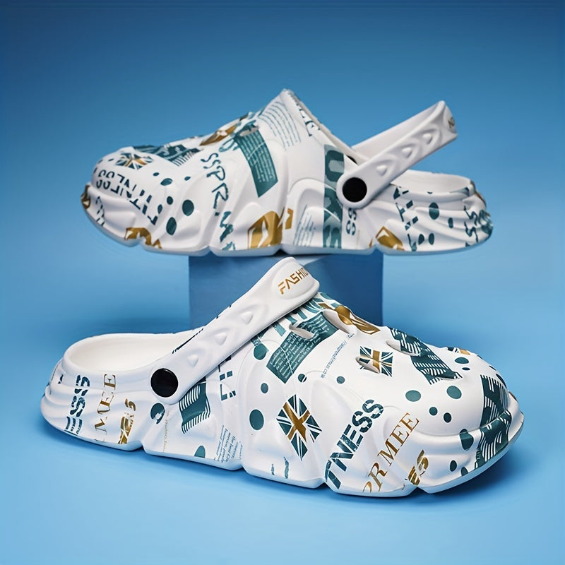 Men's Graffiti Print Comfy Clogs Hollow Out Garden Shoes