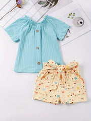 Girls Frill Trim Button Top & Sunflower Shorts Set