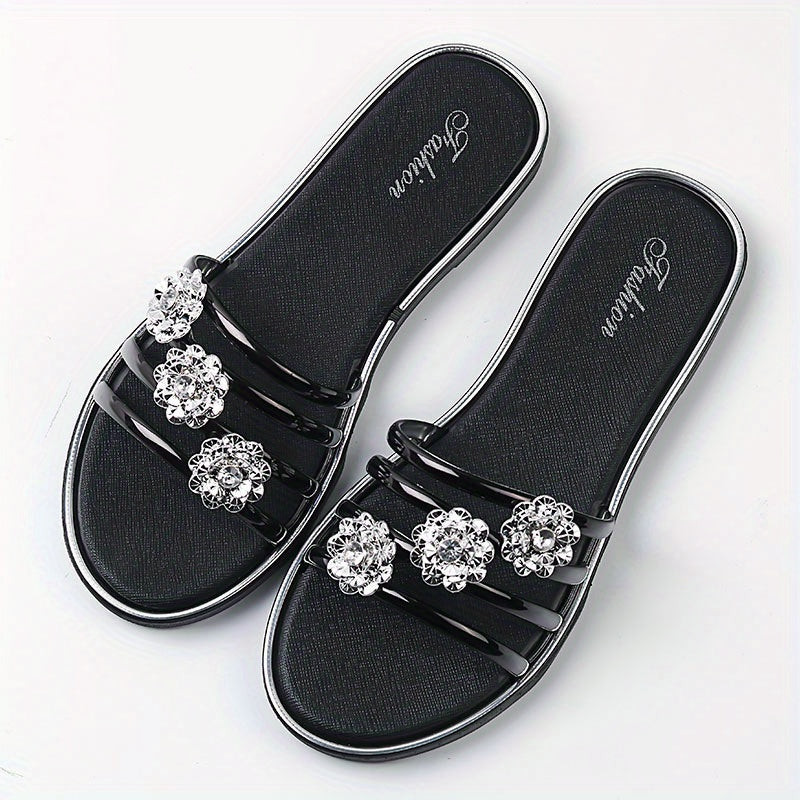 Rhinestone Flat Slides Open Toe Non Slip Shoes