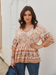 Boho Blouse Women's Floral Print V Neck Peplum Top
