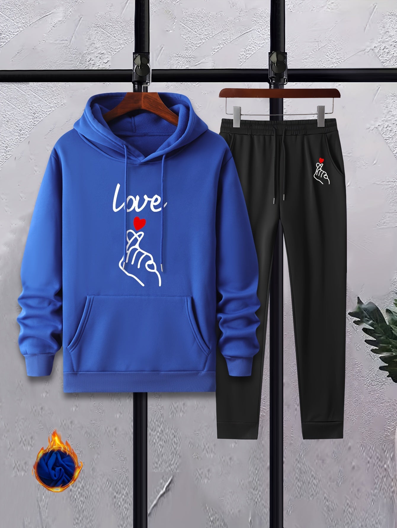 Love Hearts Print Men's 2Pcs Outfits Crew Neck Long Sleeve T Shirt Hooded Sweats
