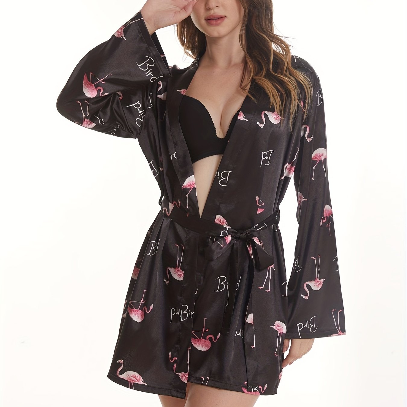 Flamingo Print Night Robe Long Sleeve V Neck Robe Women's Sleepwear