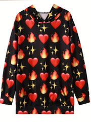 Plus size Heart & Fire Print LS Stretch Hoodie With Pocket