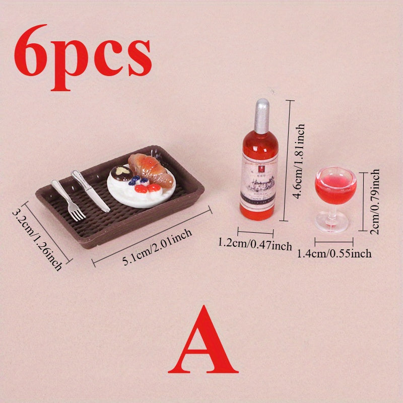 6pcs Simulation Red Wine Steak Set Dollhouse Decor Food Play