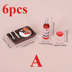 6pcs Simulation Red Wine Steak Set Dollhouse Decor Food Play