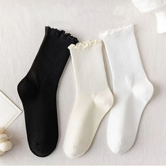 3 Pairs Frilled Mid Tube Socks Solid Color Breathable Sweat Absorbent Crew Socks