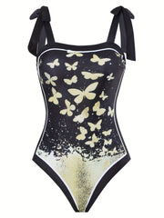 Butterfly Print One Piece Swimsuit & Wrap Cover Up Skirt 2 Piece Set