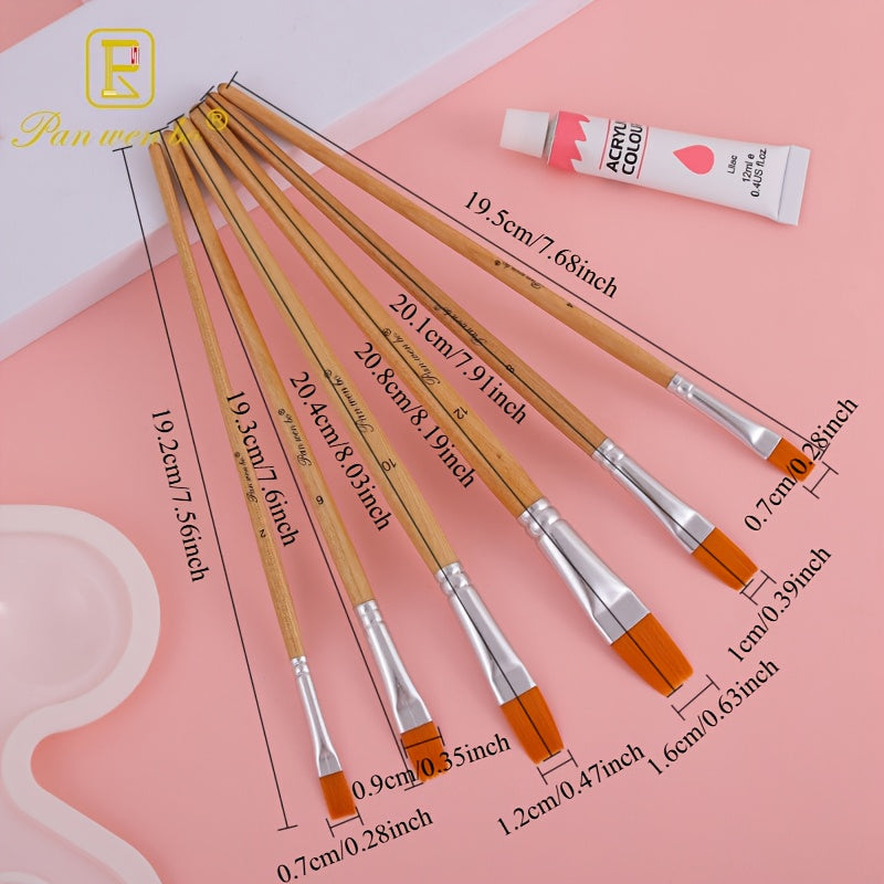 6pcs Wooden Handle Nylon Brush Set for Painting Crafts
