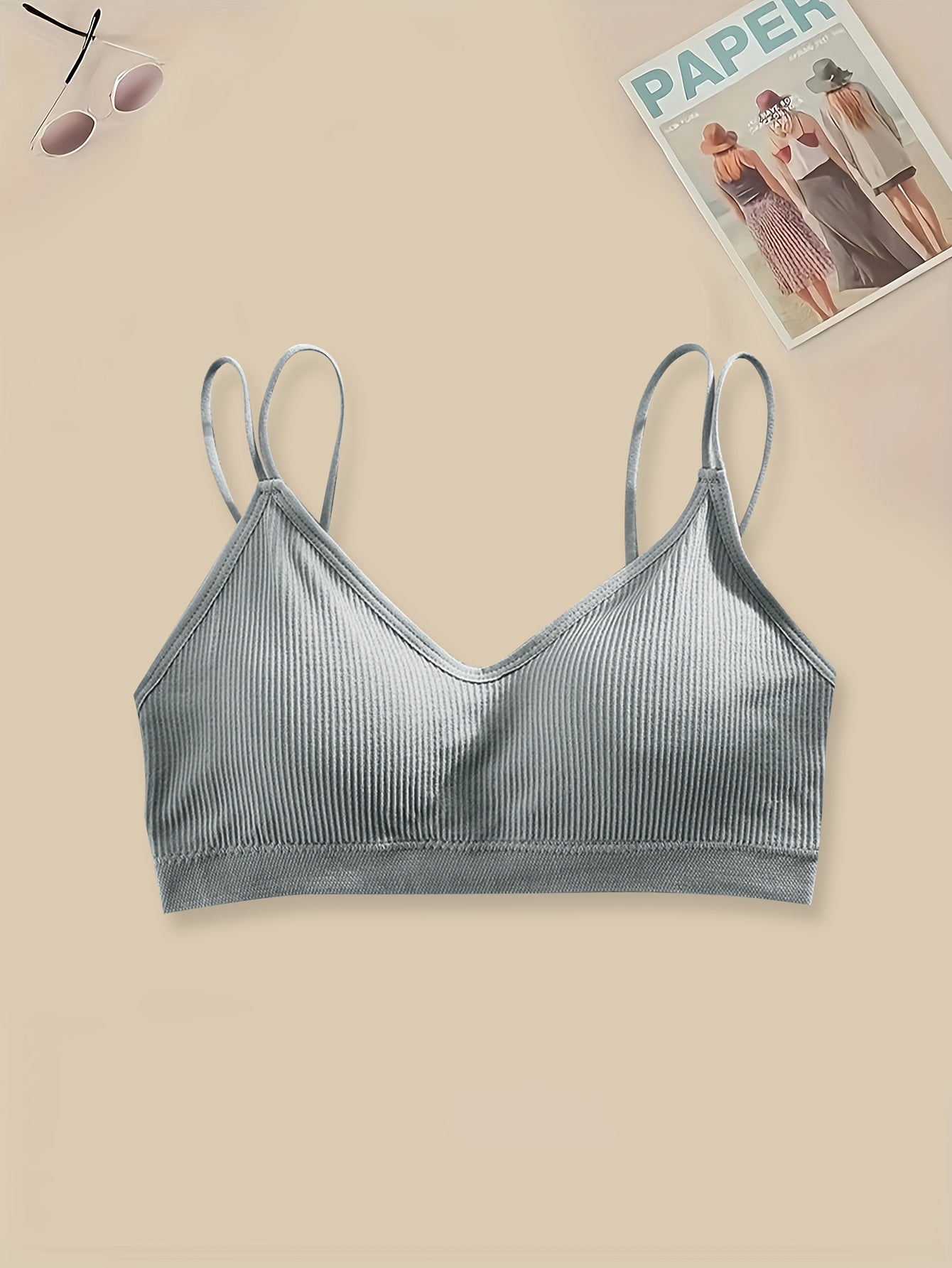 4pcs Solid Ribbed Wireless Bras Double Straps Women's Lingerie