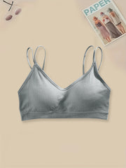 4pcs Solid Ribbed Wireless Bras Double Straps Women's Lingerie