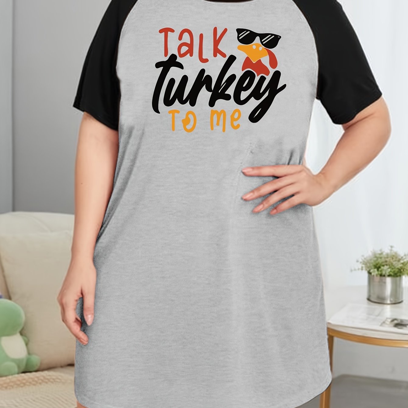 Thanksgiving Tee Sleep Dress Letter & Turkey Print