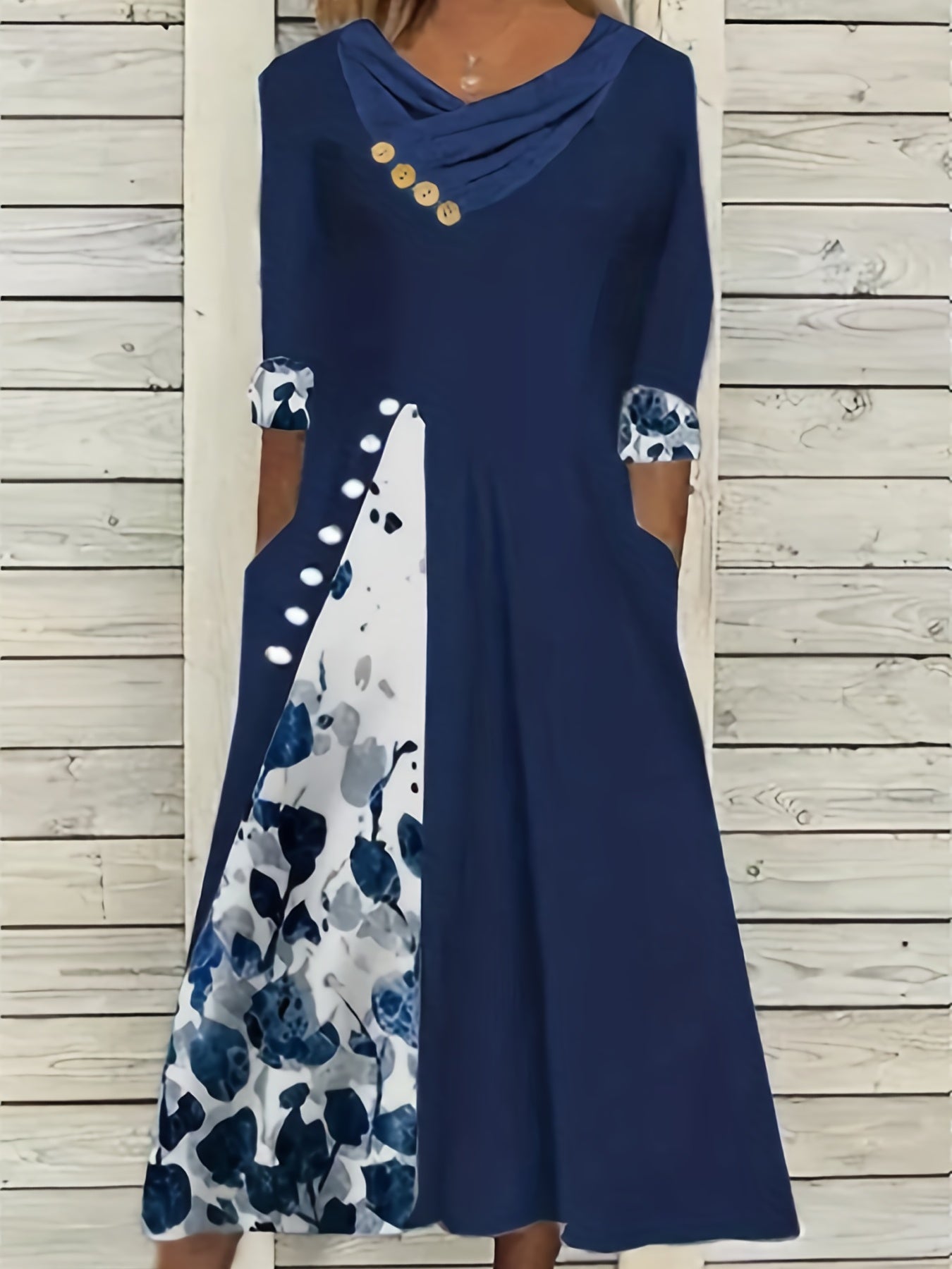 Colorblock Floral Print Half Sleeve Dress with Pockets
