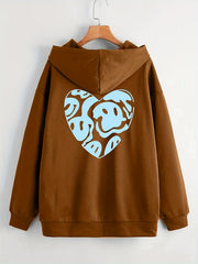 Heart Print Zip Up Hoodie Casual Long Sleeve Drawstring Hoodies Sweatshirt