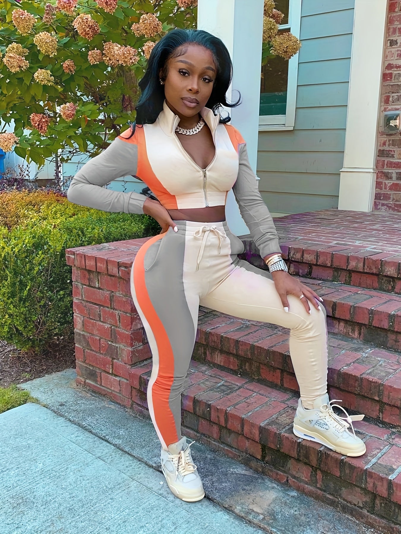 Street Wear Zip Up Crop Top & Elastic Pants Set