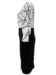 Abstract Print Split Dress Lantern Sleeve Crew Neck
