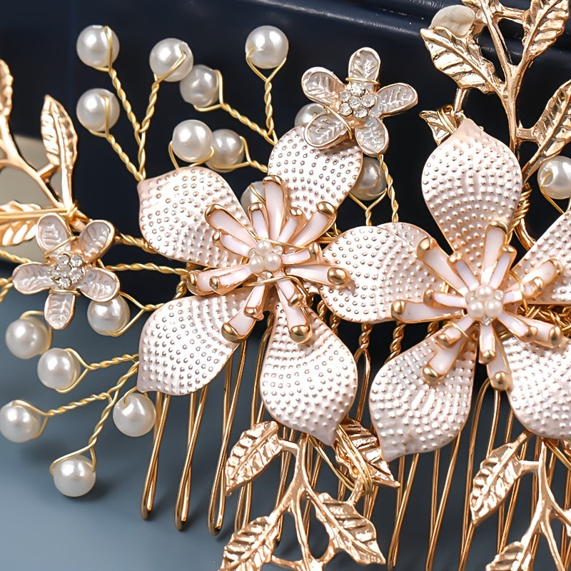 Golden Pearl Flower Hair Comb Wedding Hair Accessories
