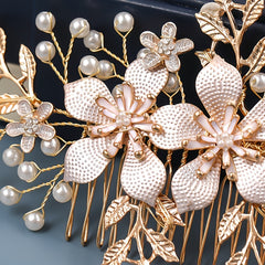 Golden Pearl Flower Hair Comb Wedding Hair Accessories