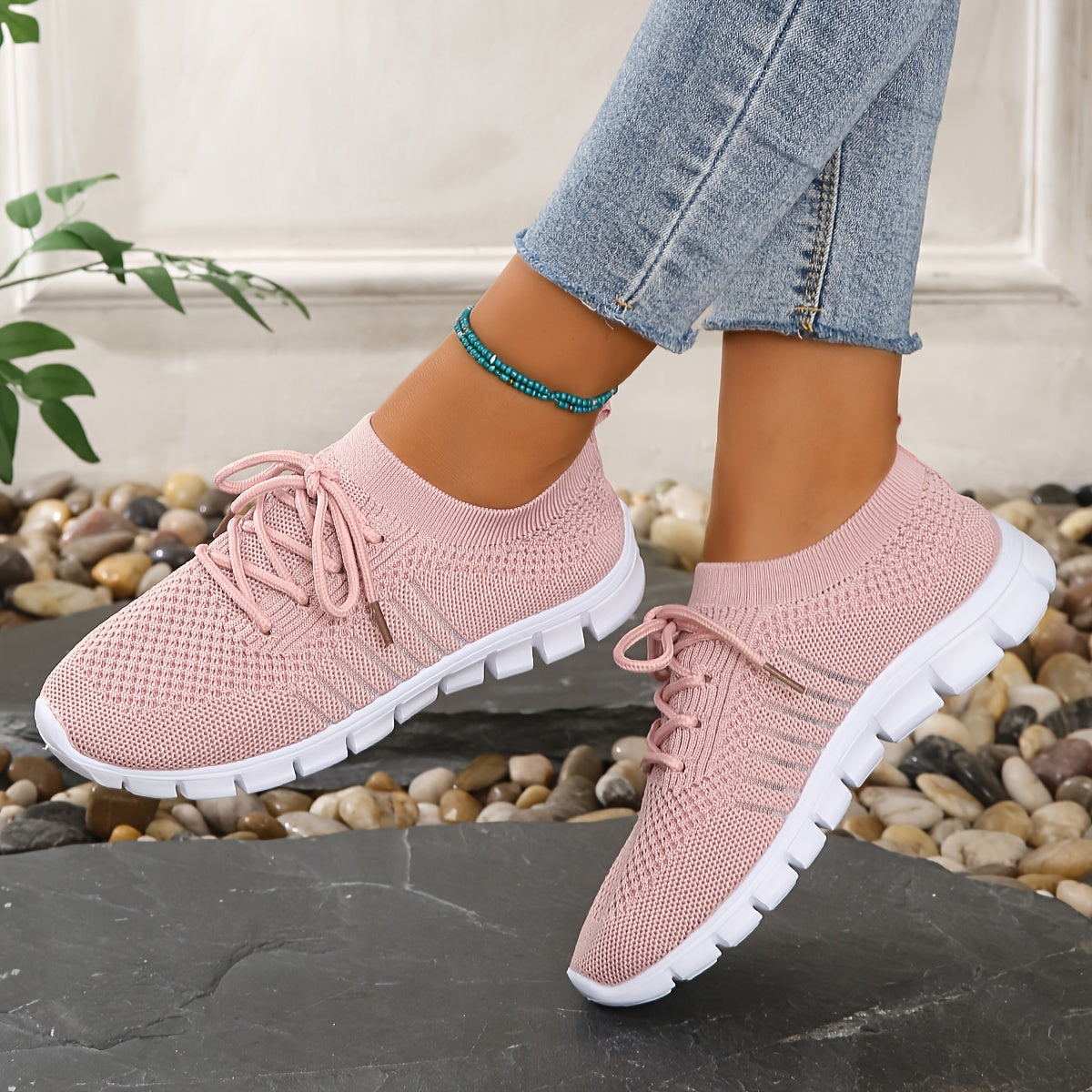 Mesh Breathable Woven Shoes Lace Up Walking Shoes
