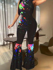 Sexy Tank Jumpsuit Women's Plus Splash Print Mock Neck Flared Leg