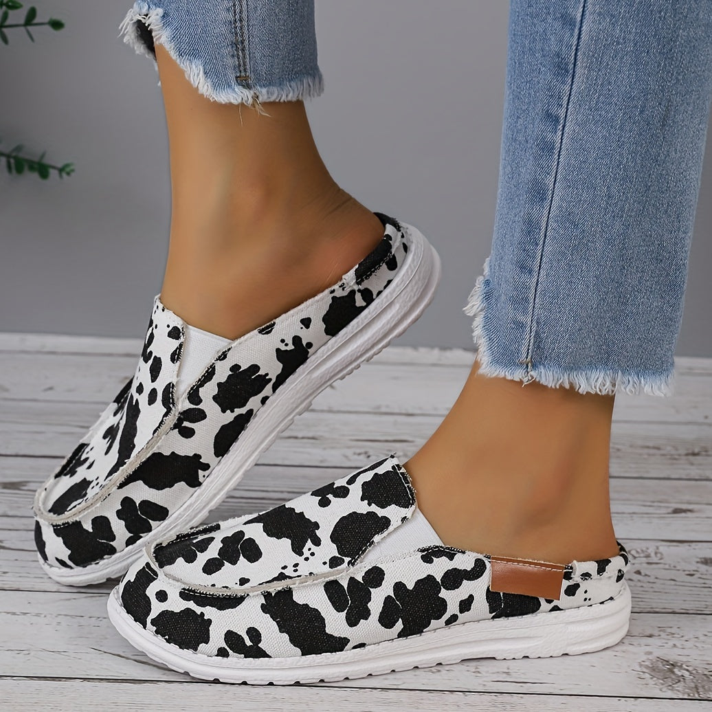 Women's Cow Print Mule Sneakers Slip On Canvas Shoes Lightweight