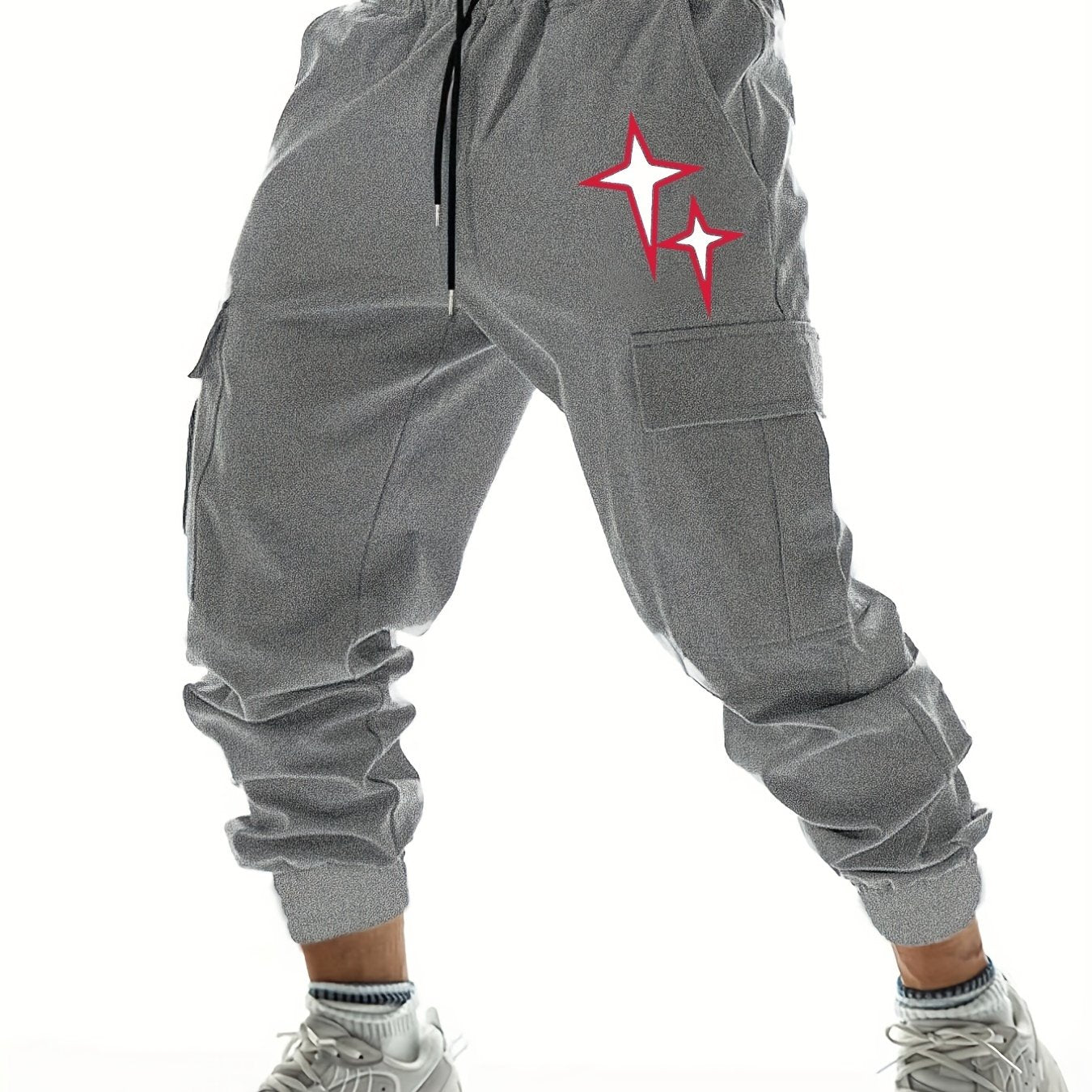 Stars Print Men's Drawstring Cargo Pants Flap Pocket Casual Comfy Jogger Pants