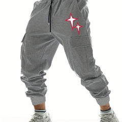 Stars Print Men's Drawstring Cargo Pants Flap Pocket Casual Comfy Jogger Pants