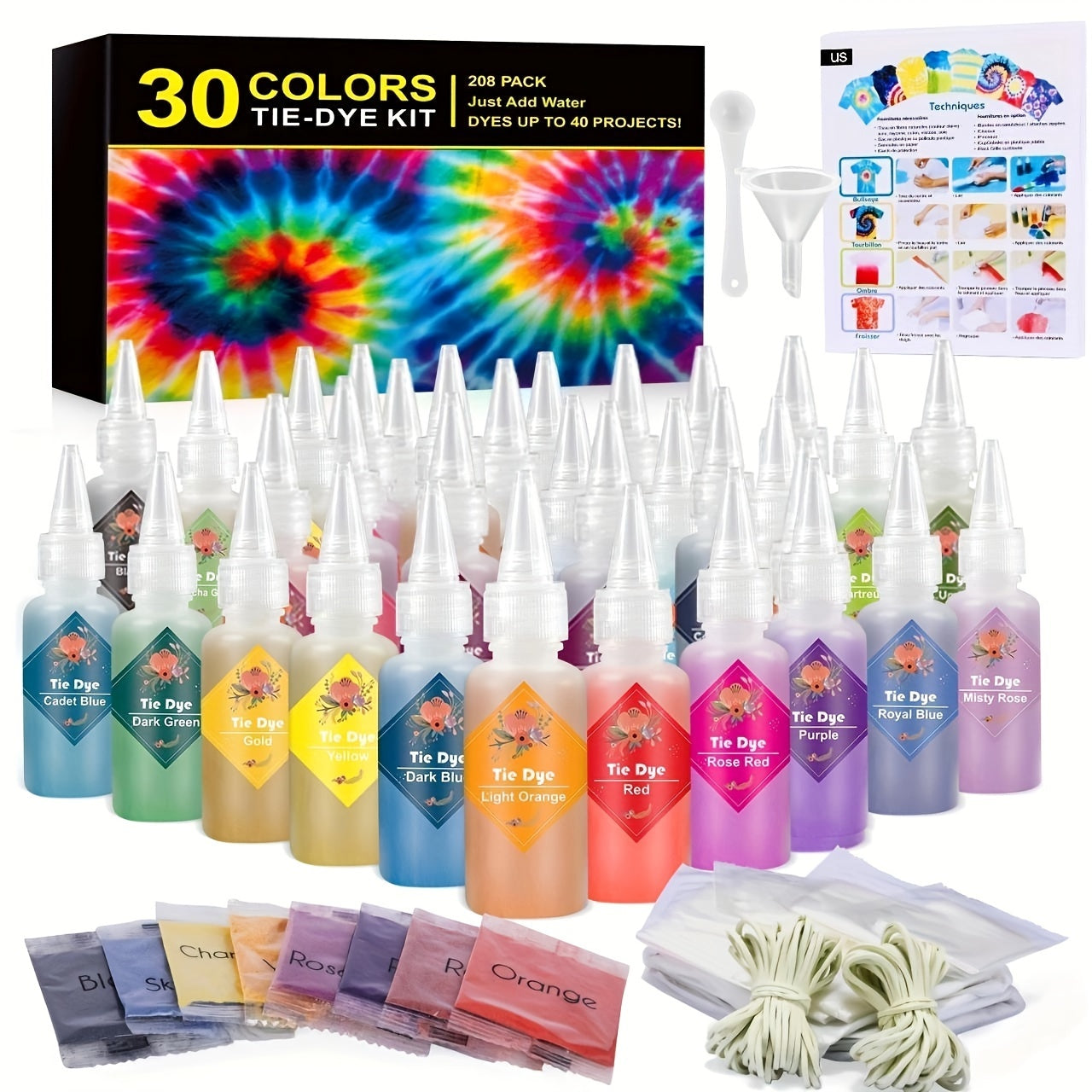 30 Colors Tie Dye Set Fabric Paint Squeeze Bottle Rubber Band Gloves DIY Craft
