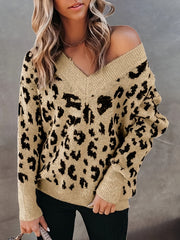 Leopard Pattern Knitted Sweater V Neck Long Sleeve Fall Winter Women's Clothing