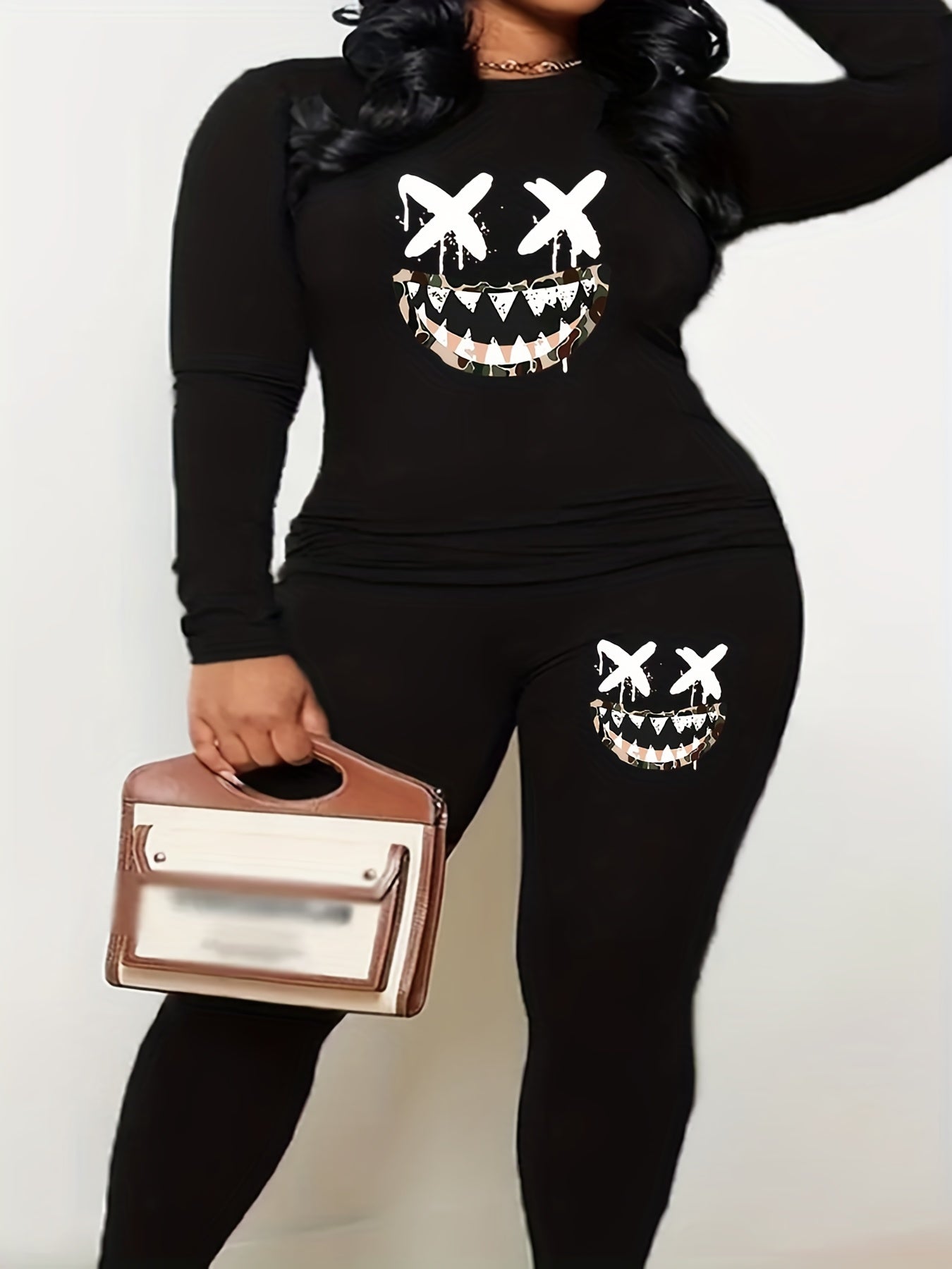 Funny Face Print Top & Leggings Set