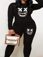 Funny Face Print Top & Leggings Set