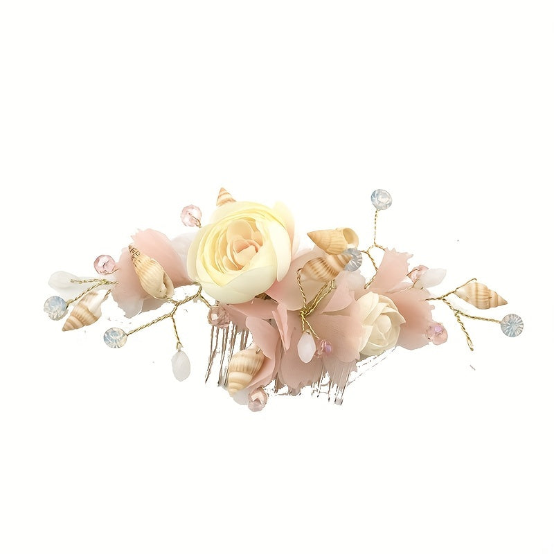 Pink Silk Flower & Shell Hair Comb, Bridal Jewelry