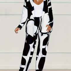 Women's Plus Geo Print Long Sleeve Coat & Pants Set